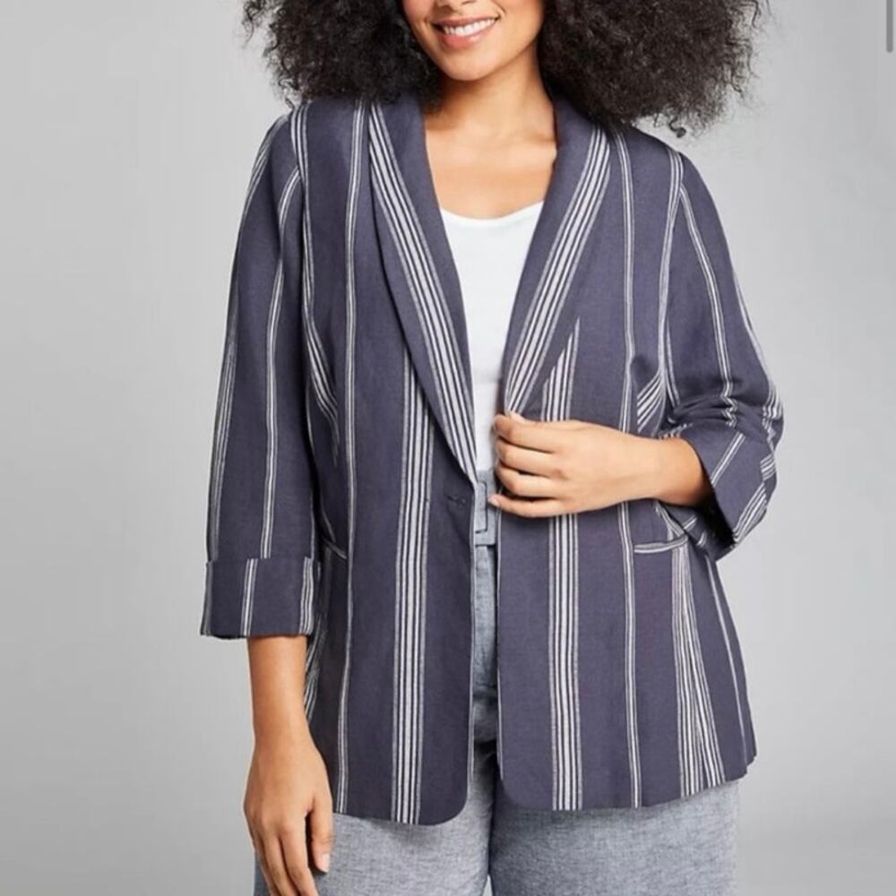 LANE BRYANT Women's THE BRYANT BLAZER 20 Shawl Collar Linen Striped Gray Blazer